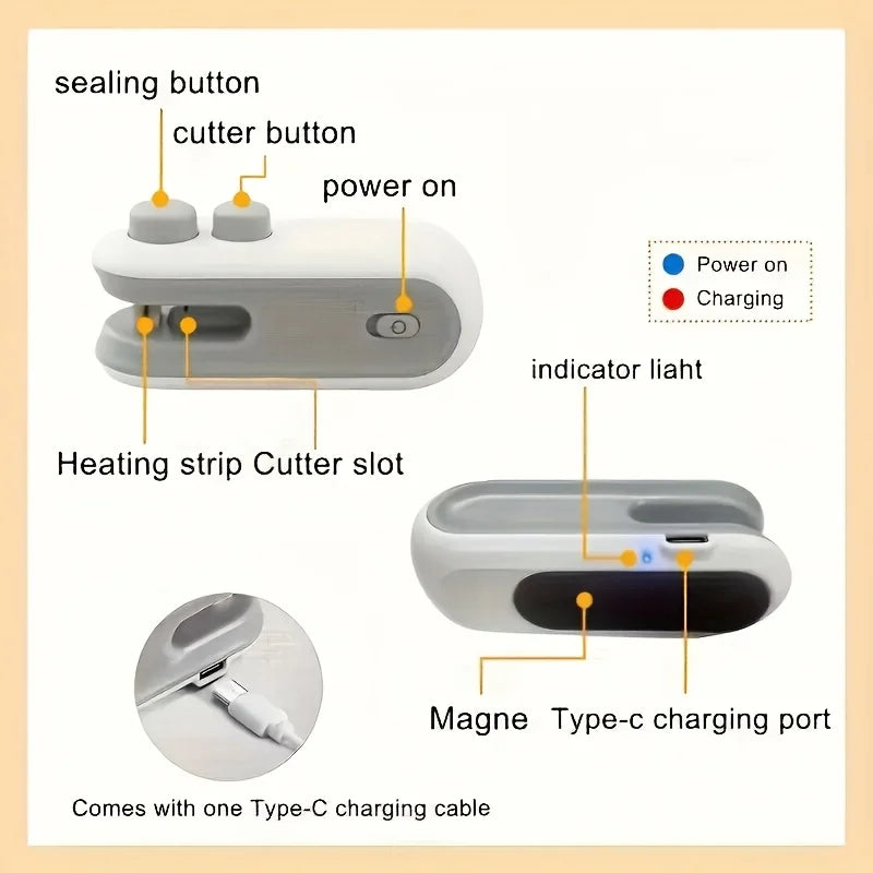 Máquina de Selagem Mini Recarregável para Sacos de Snacks, Portátil para Casa, Piqueniques e Viagens ao Ar Livre, Ferramenta Magnética para Armazenamento de Alimentos