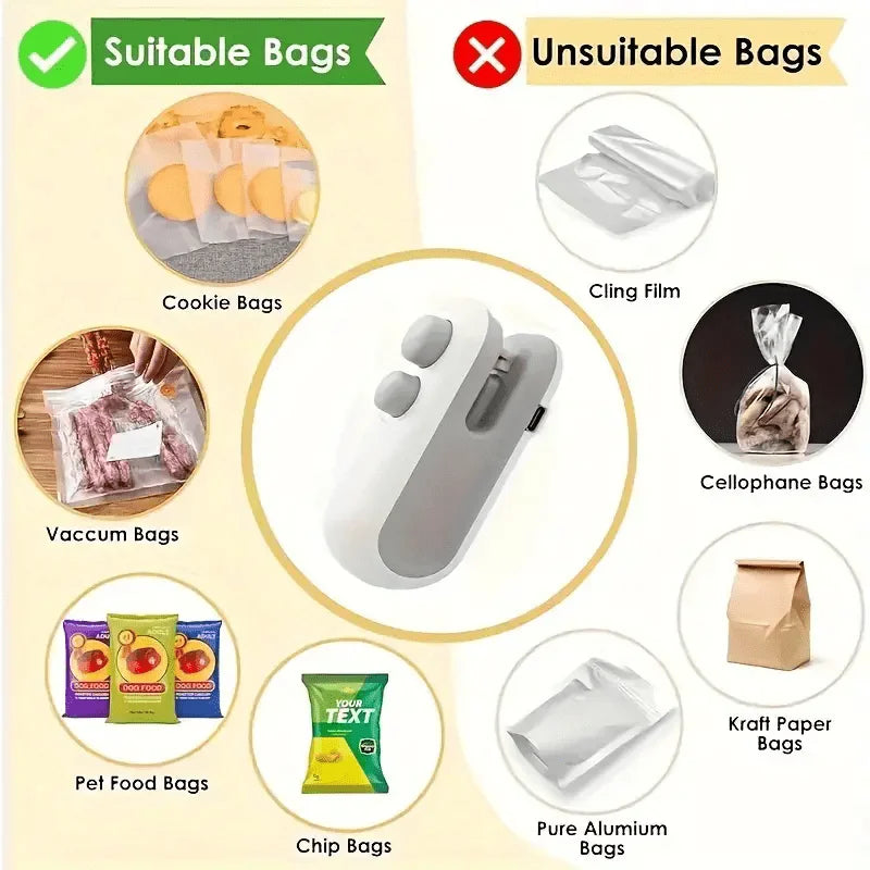 Máquina de Selagem Mini Recarregável para Sacos de Snacks, Portátil para Casa, Piqueniques e Viagens ao Ar Livre, Ferramenta Magnética para Armazenamento de Alimentos